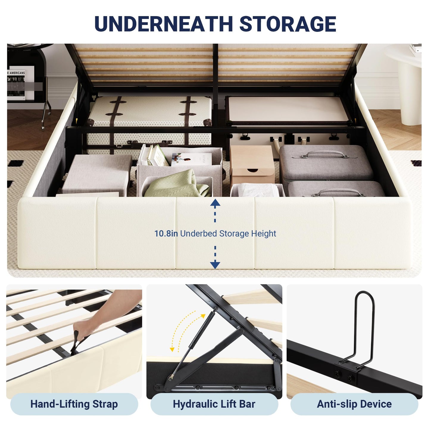 Allewie Full Size Velvet Lift Up Storage Bed Frame, Vertical Channel Tufted Headboard, Hydrualic Underneath Storage, Upholstered Platform Bed, Wooden Slats Support, No Box Spring Needed, Cream