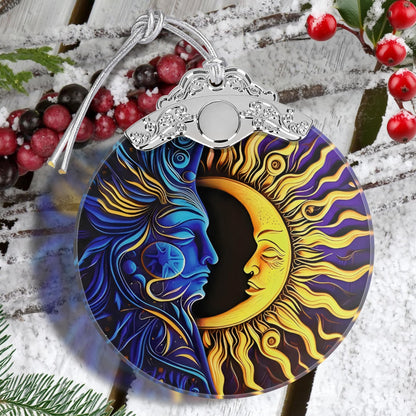 Sun Moon Christmas Ornament - Stained Glass Hanging Decoration for Holiday Tree, Home Decor, Gift Exchange Idea - Sun and Moon Last Forever