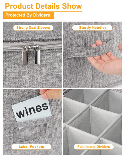 punemi Wine Glass Storage Box, Glassware Storage Containers w/Hard Shell Side Bottom Support & Padded Dividers, Stackable Stemware Storage Case for 24 China Crystal Glasses Drinkware, Moving Supplies