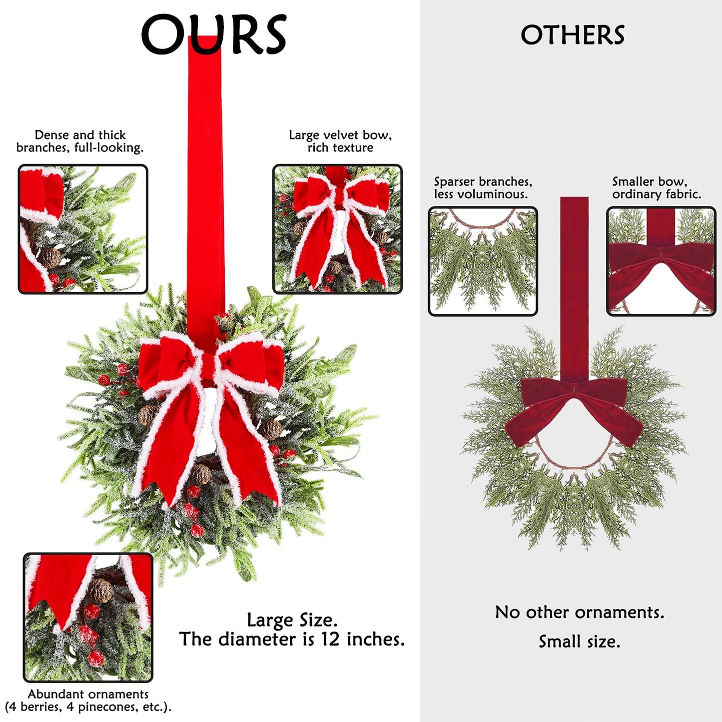 Hausse 6 Pcs Christmas Wreath, 12" Christmas Mini Wreaths for Cabinets with Red Bows, Artificial Small Xmas Wreaths Hanging Decoration Garlands for Kitchen Window Farmhouse Chair Wall Front Door