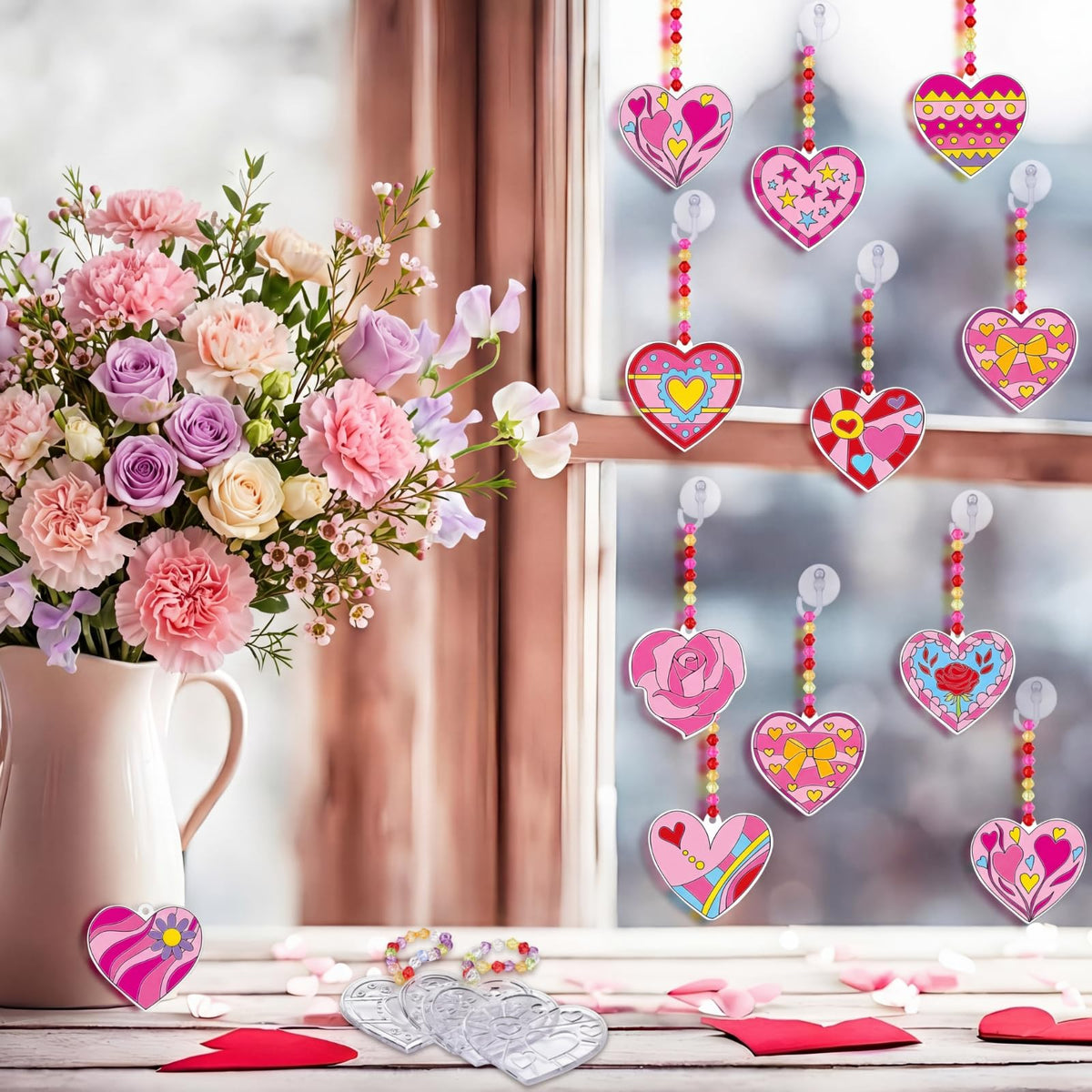 Beeveer 30 Sets Valentine's Day Suncatchers Craft Kits Heart Suncatcher Ornaments DIY Window Paint Art Sun Catchers for Valentines Adults Art Project Party Favors Gift (Heart)