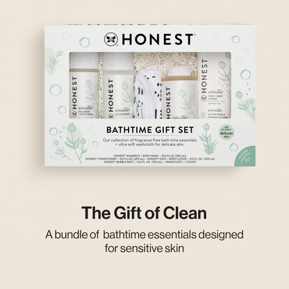 The Honest Company Fragrance-Free Bathtime Gift Set, Hypoallergenic, Bath Essentials for Sensitive Skin, Shampoo and Body Wash, Face Lotion, Bubble Bath, Conditioner, Wash Cloth