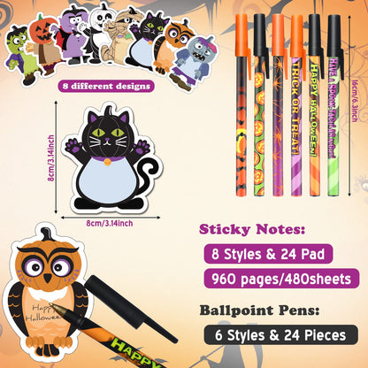 480 Sheets Halloween Sticky Notes 24 Pcs Halloween Ballpoint Pens and 24 Pads Halloween Sticky Notepad for Halloween Party Favor Gift Office Supplies