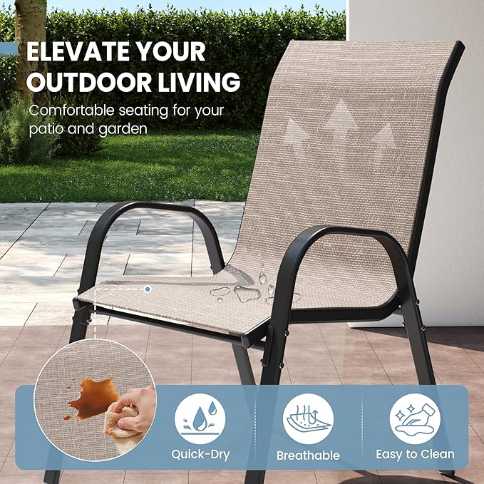 Patio Dining Chairs Set of 2, Outdoor Stackable Chairs, Breathable Seat and Alloy Steel Frame Fit for Backyard,Garden,Porch, Lawn，Poolside (Light Brown)