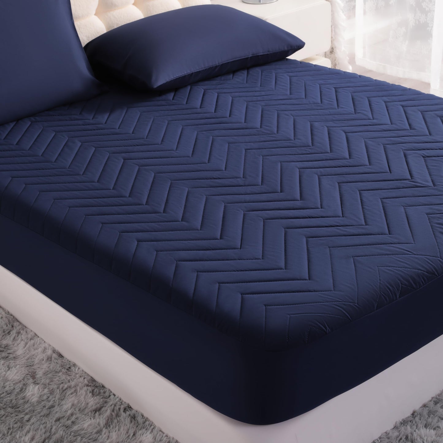 NTBAY Waterproof Mattress Protector, Quilted Twin Fitted Mattress Cover with 15" Deep Pocket- Machine Washable - Soft Mattress Pad Cover, Navy Blue