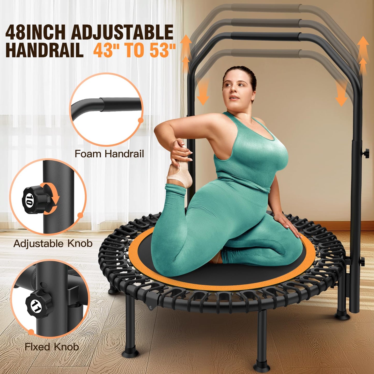 ANCHEER 48" Foldable Mini Trampolines - Max Load 350lbs - 450lbs Indoor Exercise Equipment - with 4 Level Adjustable Foam Handle and Resistance Bands - Adult Exercise Rebounder Trampolines for Home