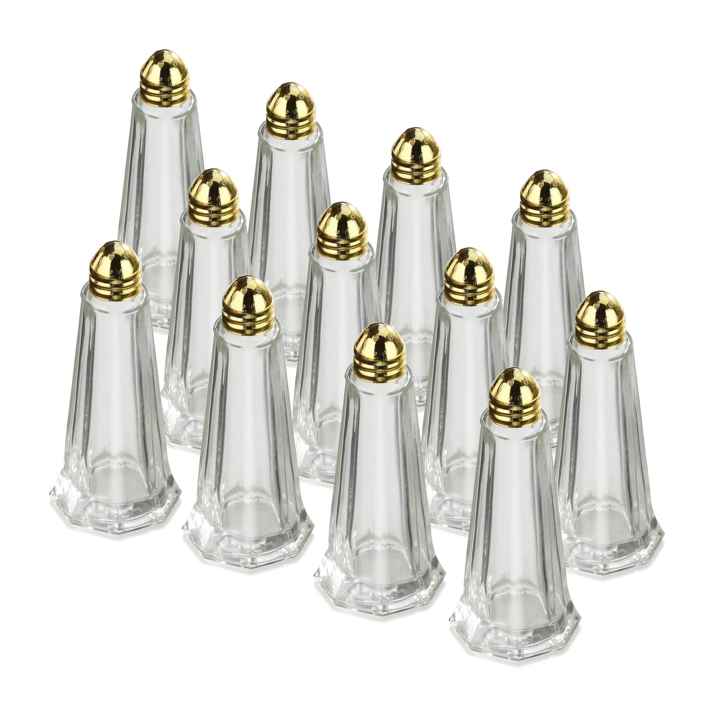 New Star Foodservice Glass Tower Salt and Pepper Shakers, 1 oz Set of 12, Clear Glass Shakers with Gold Plated Tops for Restaurants and Tabletop Use