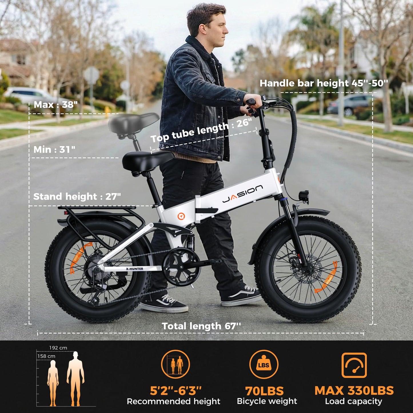 Jasion X-Hunter Foldable Electric Bike, 70+Miles 30MPH Max Speed, 1400W Peak Motor, 624WH Removable Battery, 20″*4 Fat Tire Bicycle for Adult, Full Suspension & 7-Speed EBike for Commute,Snow,Mountain