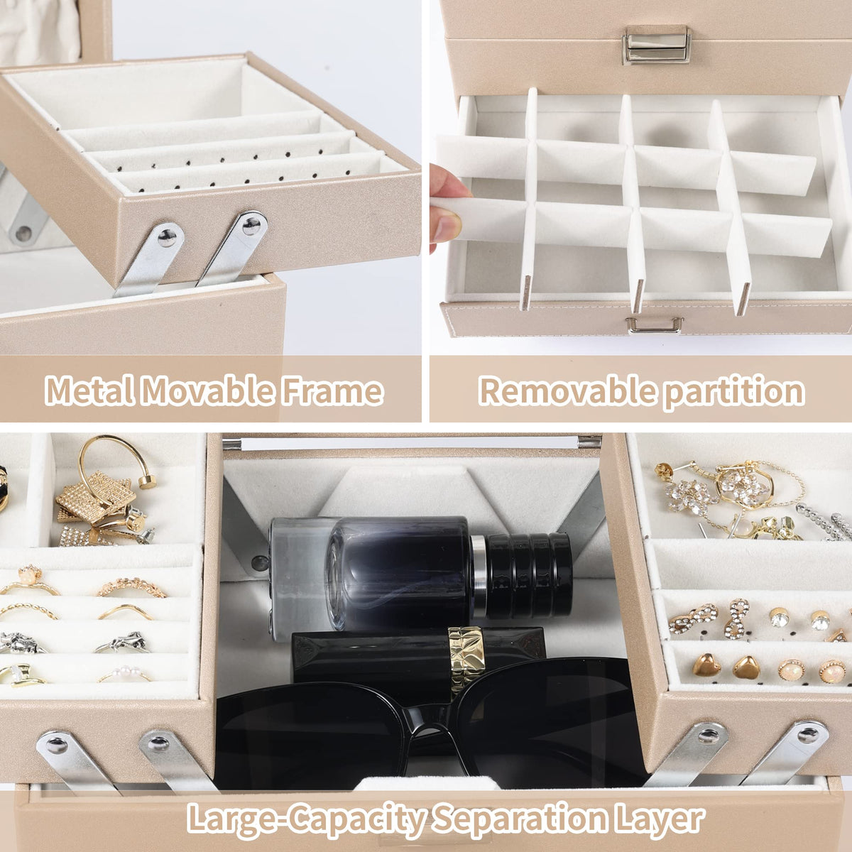 Dajasan Jewelry Organizer Box, Large Jewelry Boxes for Women Girls, Space-Saving 4 Layers Jewelry Storage Case with Drawer, Movable Metal Stand, Modern, Gift Idea (Champagne + Silver)