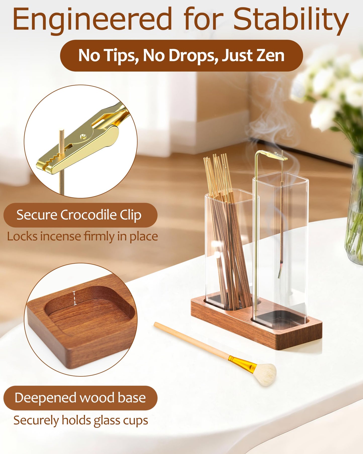 2 in 1 Incense Holder with 7.8" & 5.9" Glass Jars, Large Incense Holder for Sticks, Upside Down Incense Burner with Ash Catcher & Storage for Meditation Yoga Spa Home Decor - 20 Incense Sticks & Brush