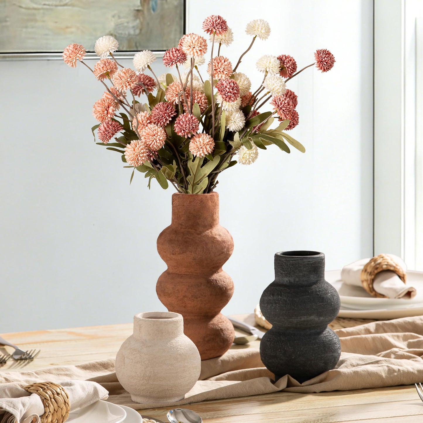 Ceramic Vase Home Table Decor - Flower Vase Set of 3 Living Room Kitchen Decorations Farmhouse Modern Rustic Vases Decorative Centerpiece for Shelf Bedroom Office Bathroom Dining Coffee Desk