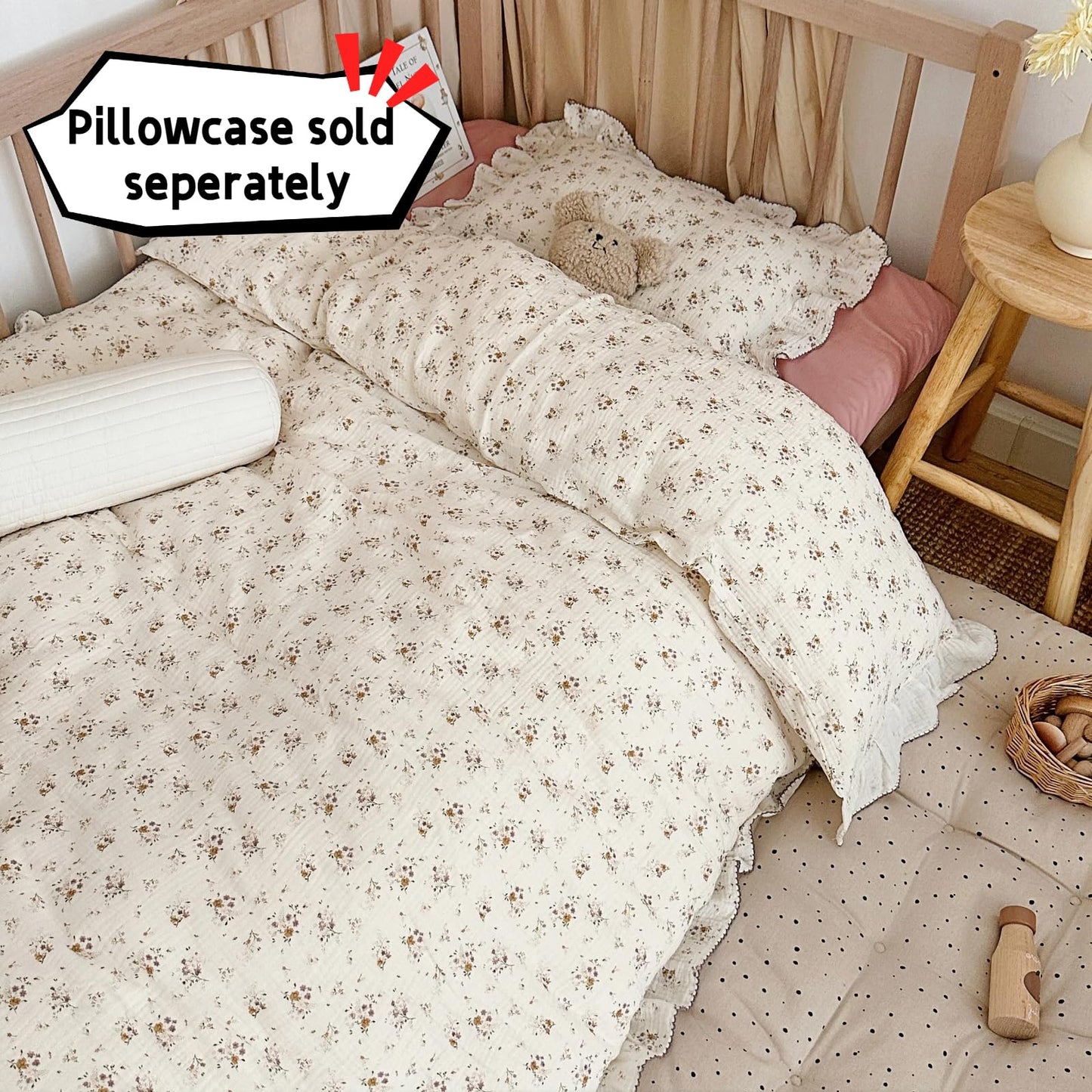 BuLuTu Beige Kids Toddler Baby Duvet Cover Girls Muslin Duvet Covers Floral Nursery Quilt Cover Gauze Bedding Coverlet, 47"x59", Crapemyrtle Print (No Pillowcases)