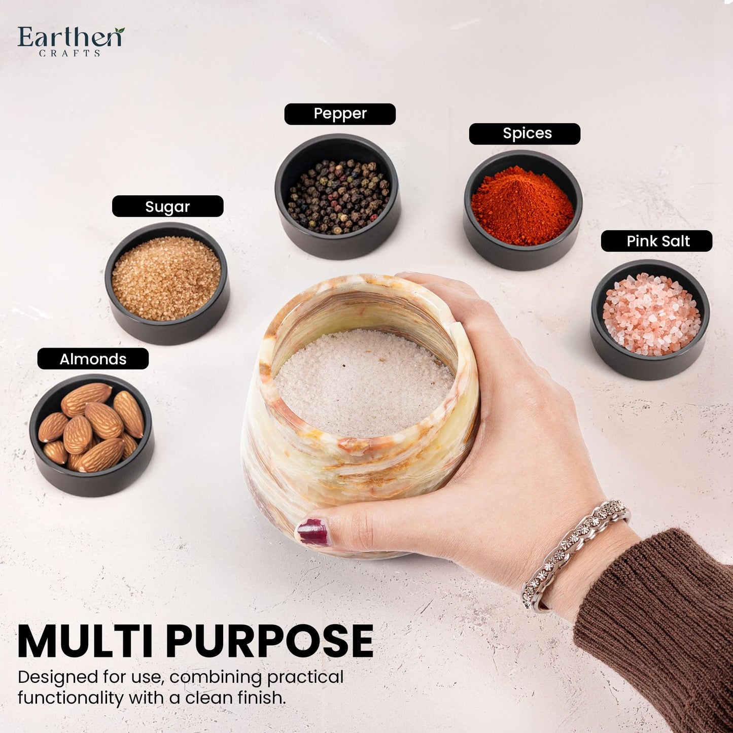 EARTHEN CRAFTS Marble Salt Cellar with Lid & Spoon Green Onyx 4" Inch Salt Box, Stone Salt Storage Container & Spice Jar, Salt Dish Salt Holder for Counter, 9.5 OZ Capacity