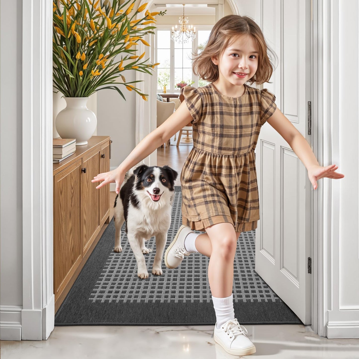 LUMI Inside Door Mat for Entry 24''x36'', Absorbent, Dirt Trapper, Low Profile Thin, Non Slip Mats with Rubber Backing, Ideal for Indoor, High Traffic, Garage, Entrance, Checkered Grey