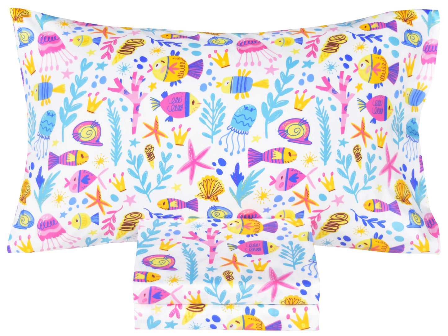 Scientific Sleep Pink Sea Ocean Fairy Tale Fish Jellfish Conch Coral Painting Childlike Twin Bed Sheet Set 100% Cotton Flat Sheet & Fitted Sheet & Pillowcase Natural Bedding Set for Kids Girls