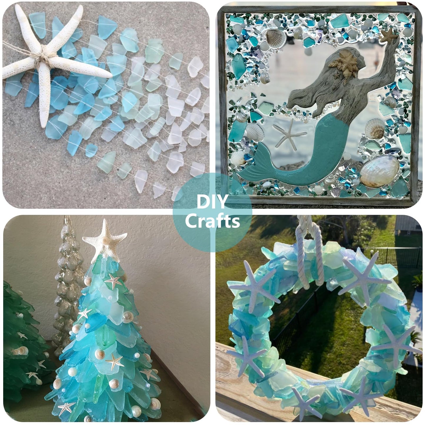 QYGL 12 Resin Starfish & 10oz Sea Glass Decor - Frosted Seaglass Pieces & Starfish Sand Dollar for DIY Crafts, Beach Weddings, Vase Filler, and Home Decor Ornaments (Blue, Aqua Green, White)
