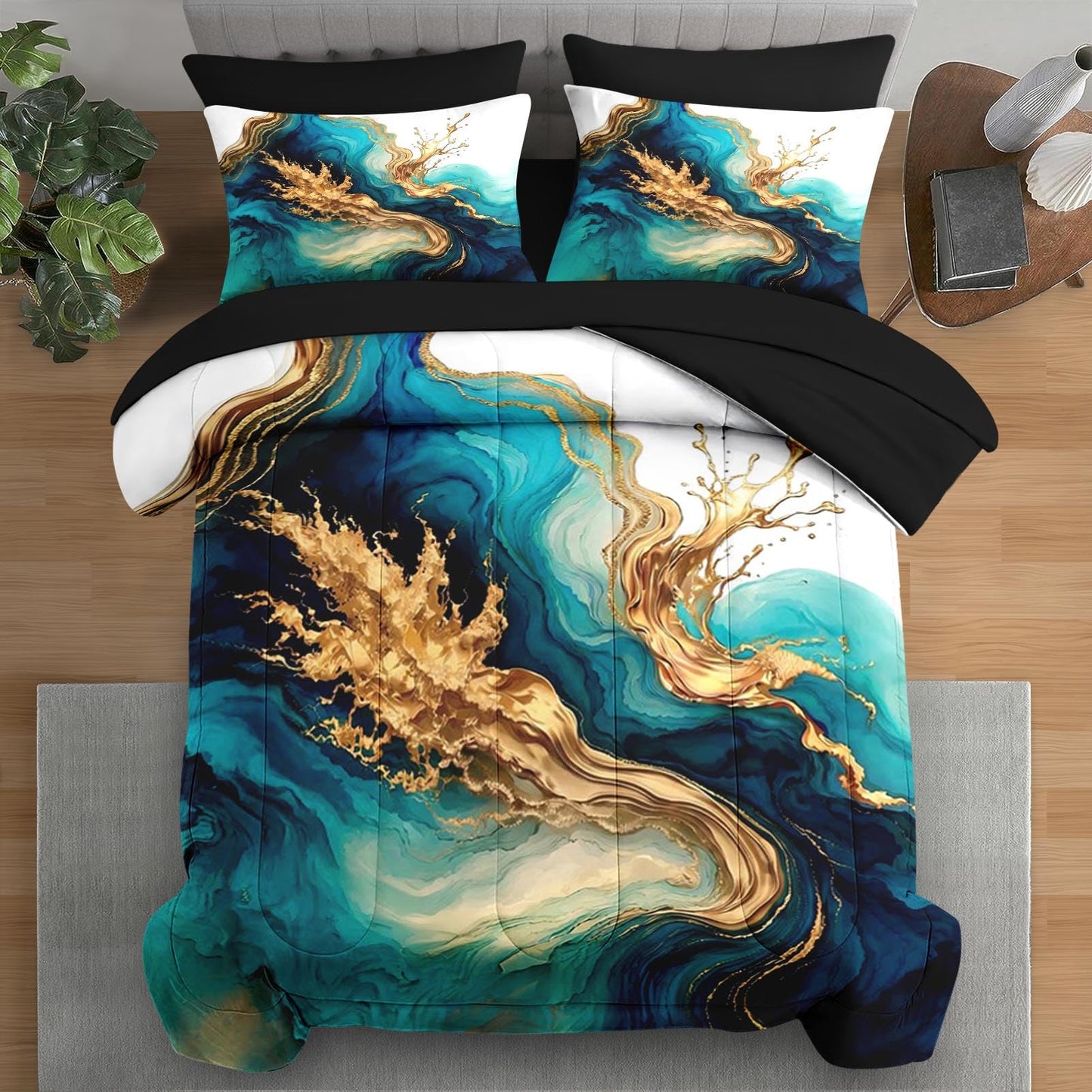 Pamnest Comforter Set Twin Size, Mint Green Marble Gold 5 Pcs Bedding for Kids and Adults, Teal Turquoise Blue Bed Sheet Sets with Fitted Sheet Pillowcase & Sham for Bedroom Bed Decor