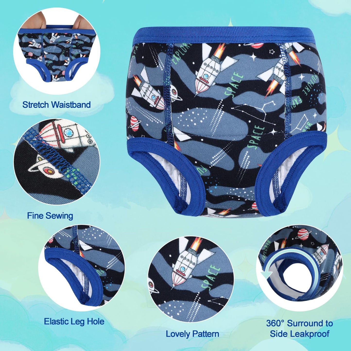 MOEMOE BABY Potty Training Pants for Boys - Reusable Cotton Toddler Underwear, 10 Pack, Blue, 3 Years