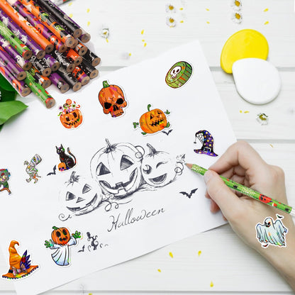 Halloween Pencils and Stickers Bulk Set – 96 Halloween Pencils with Erasers, 6 Spooky Designs + 100 Pumpkin Stickers – Trick or Treat Goodie Bag Fillers, Classroom Prizes, Party Favors Supplies