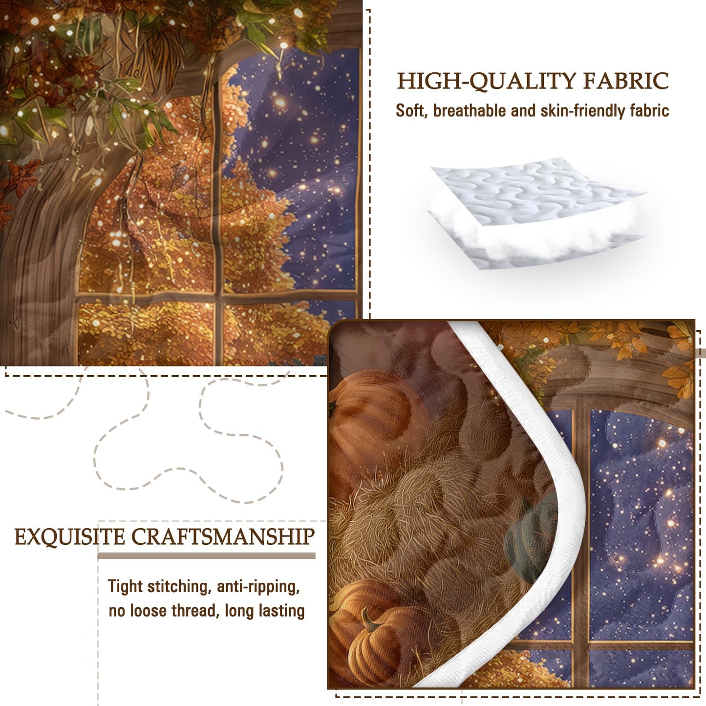 BlessLiving Fall Quilt Set King Size: Ultra Soft Microfiber Lightweight Shining Pumpkin Bedspreads Coverlets Quilt Bedding Set with 2 Pillow Shams for All Seasons