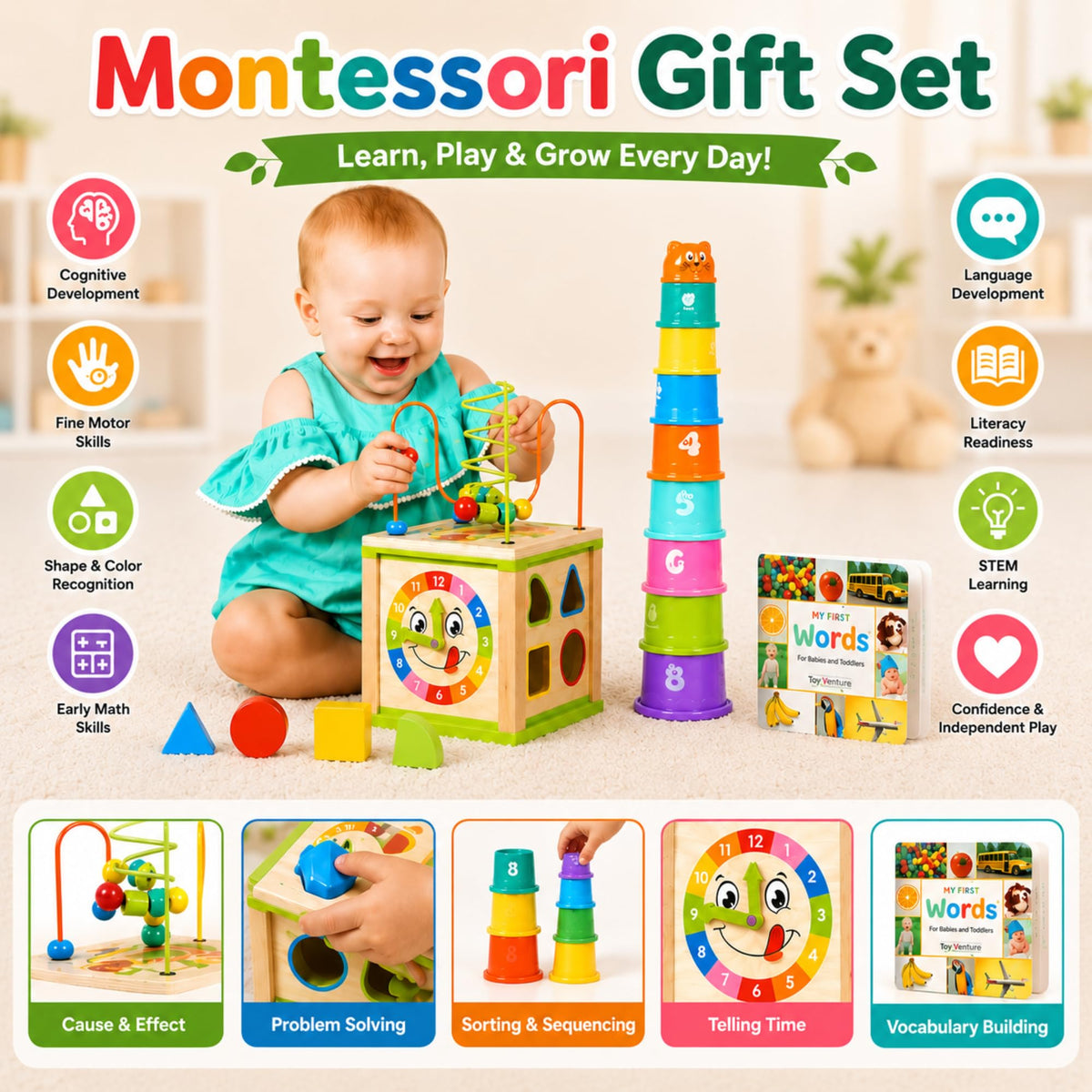 Wooden Activity Cube for Baby, Montessori Toys for 1 Year Old, Baby Toys 1 Year Old, Toys for 1+ Year Old Girl - Wooden Activity Center with Bead Maze Toy, Baby Stacking Cups, Book, in Pink Gift Box