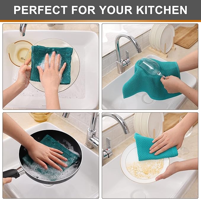 Kitinjoy 100% Cotton Kitchen Dish Cloths, 12 Pack Waffle Weave Ultra Soft
