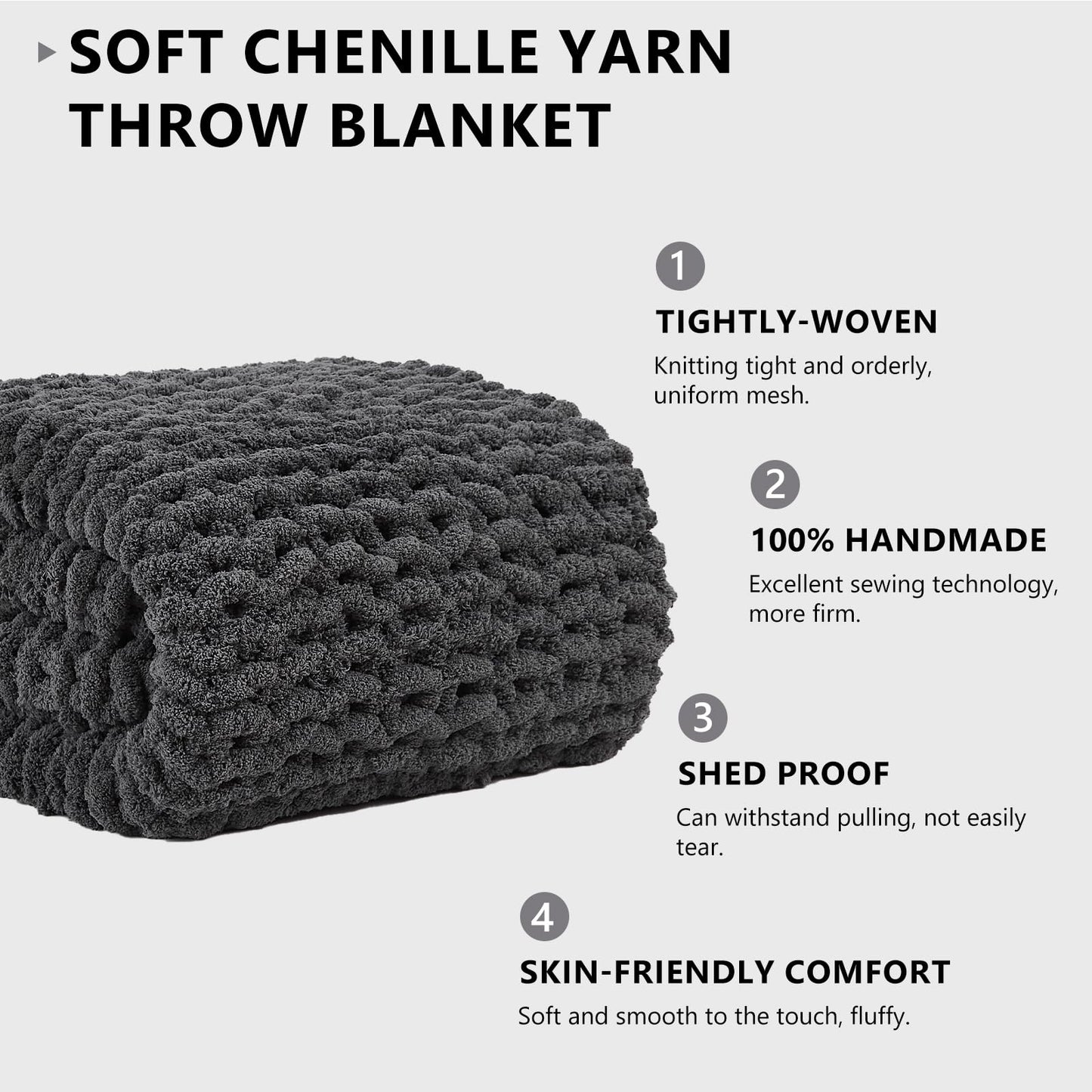 L'AGRATY Chunky Knit Blanket Throw - Soft Throw Blanket 60x80: 100% Hand Kintted Chenile Crochet Throw Blanket for Couch - Large Cable Knit Blanket for Home Decor(Dark Grey)
