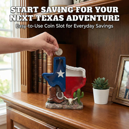 Texas Souvenir, Texas Piggy Bank - Texas State Design with Cowboy Boot, Horse Shoe & Cactus Western Decor for Desk & Home, Texas Gifts for Man or Woman.