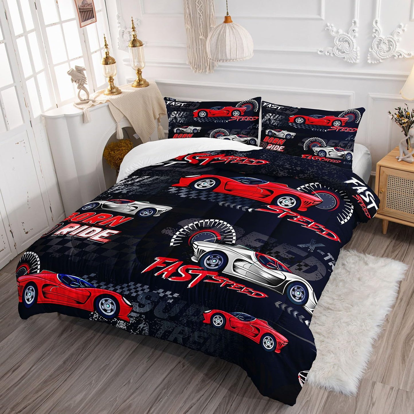Smell Sunshine Red Sports Car Comforter Set Cool Sports Printed Bedding Set with 1 Comforter and 2 Pillowcases for Boys and Girls Bedroom All Season(Car-2 Twin)