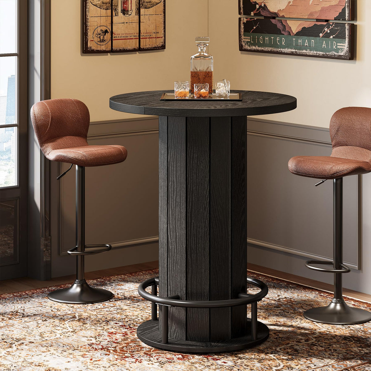 Tribesigns Round Bar Table, 39.4" H Wood Bistro Pub Table with Metal Ring Footrest for Dining Coffee Cocktail Living Room, Small Space, Black (Only Table)