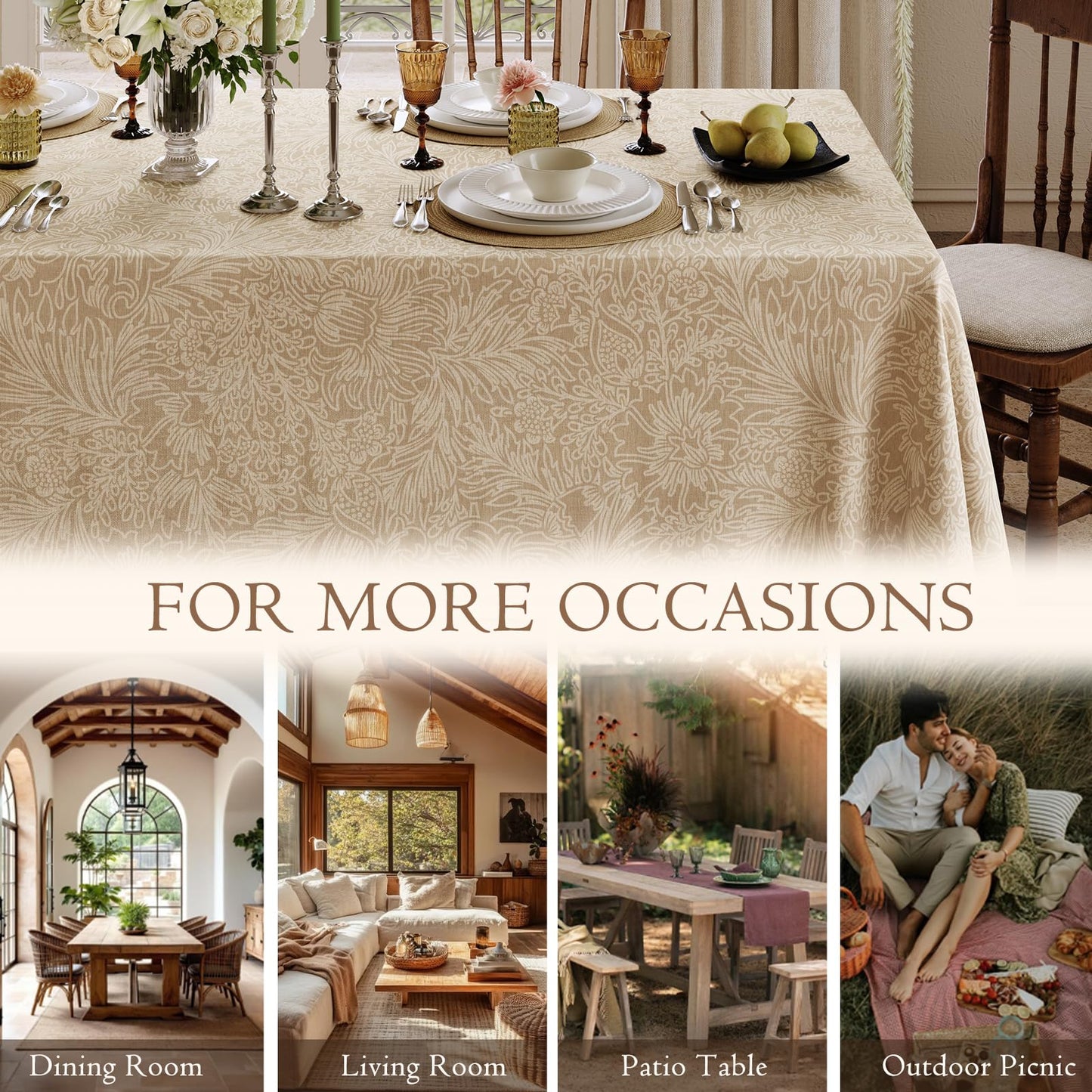 Dorachic Beige Thick Linen Tablecloth for Rectangle Tables, Waterproof Wipeable Decorative Table Cover for Dining Kitchen Indoor Outdoor, 55" x 71", 4-6 Seats