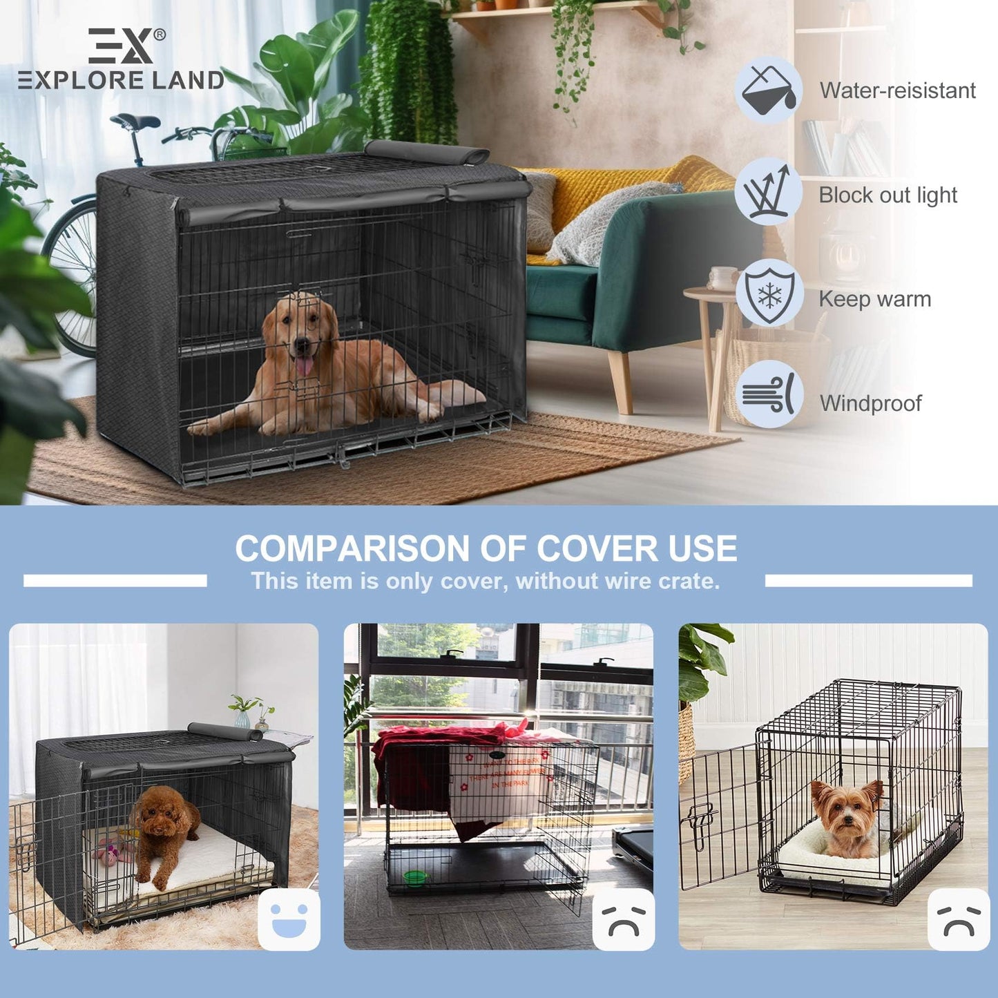 Explore Land Dog Crate Cover for 36 Inches Wire Cage, Heavy-Duty Lattice Pet Kennel Covers Compatible with 1 2 3 Doors Standard Metal Crate (Black)