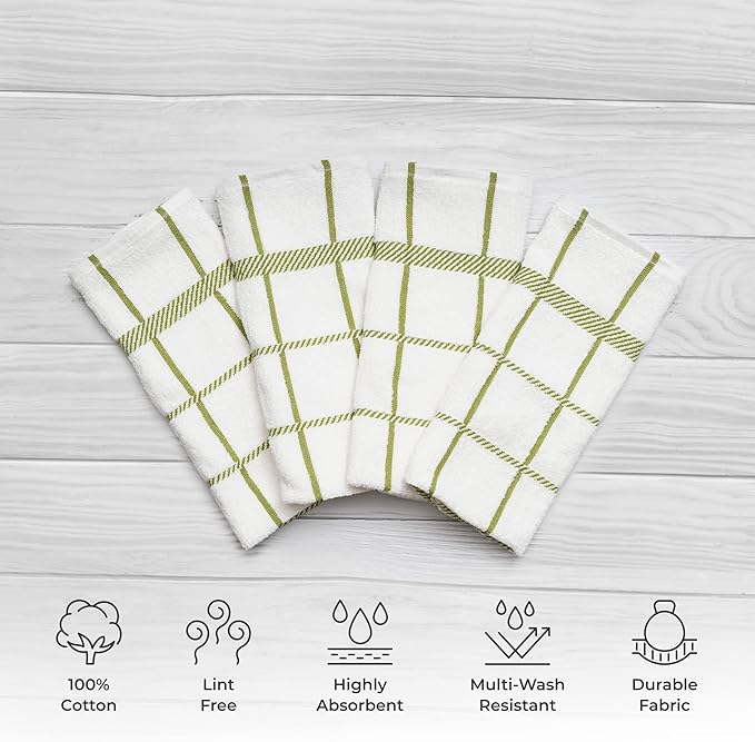 100% Cotton Terry Dish Towels, 4 Pack Checks, 16 x26 Inches, Super Soft and