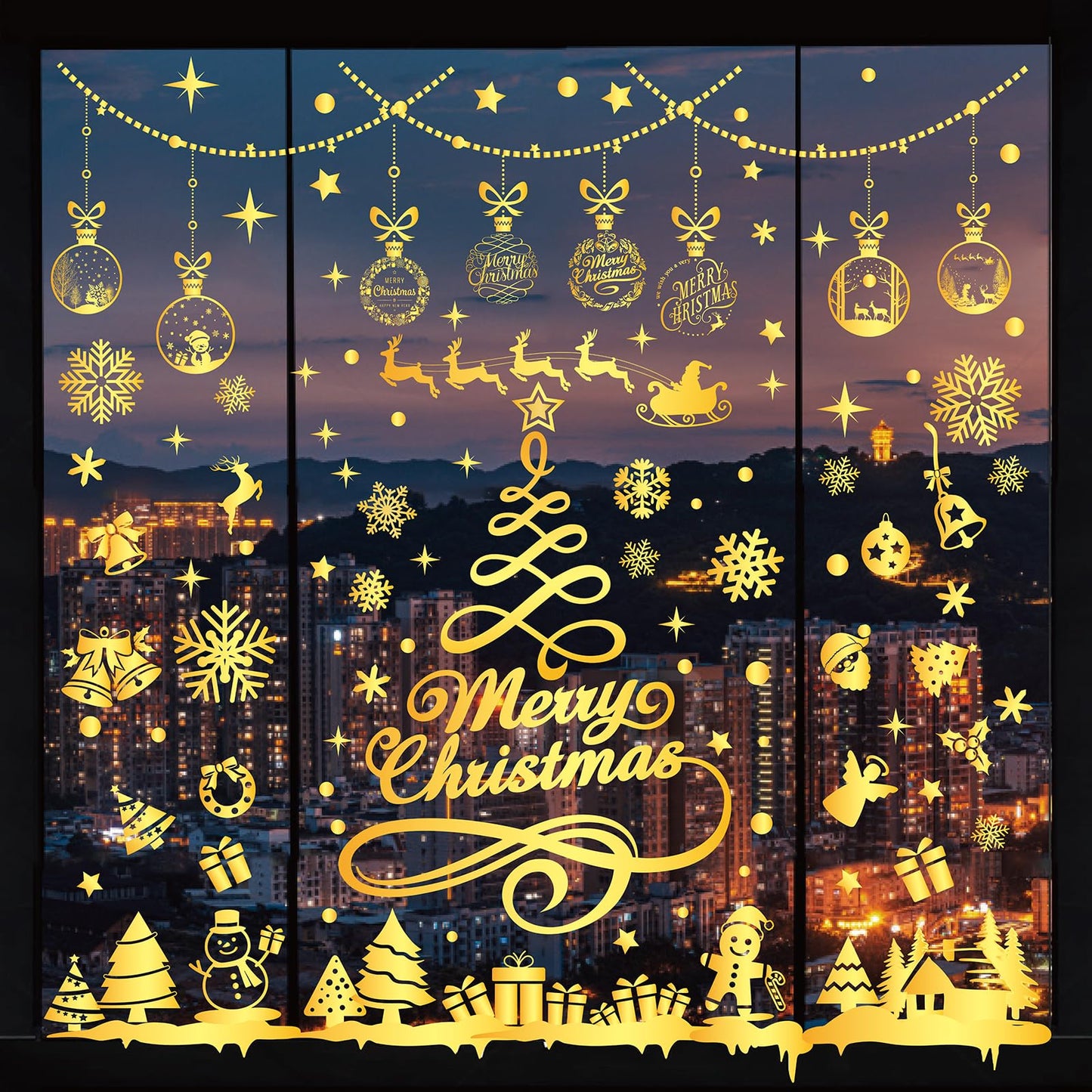 Whaline 9 Sheets Gold Christmas Window Clings Merry Christmas Tree Snowflake Window Decals Reusable Double-Sided Windows Decor for Winter Holiday Home Classroom Office Party Supplies