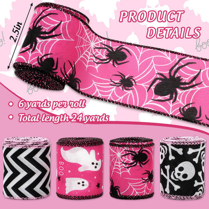 JarThenaAMCS Halloween Wired Edge Ribbons Ghost Skull Fabric Ribbons Pink Black Wrapping Ribbons for DIY Crafts Wreath Bow Making Supplies, 4 Rolls, 24 Yard