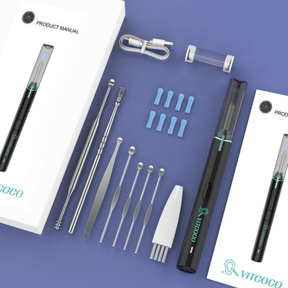 VITCOCO Ear Wax Removal Kit Ear Camera 1920P FHD Wireless Ear Cleaner Ear Wax Remover with 8 PCS Ear Spoon, 3.9mm Waterproof Ear Wax Removal Kit for iPhone, Ipad & Android Smart Phones, Black