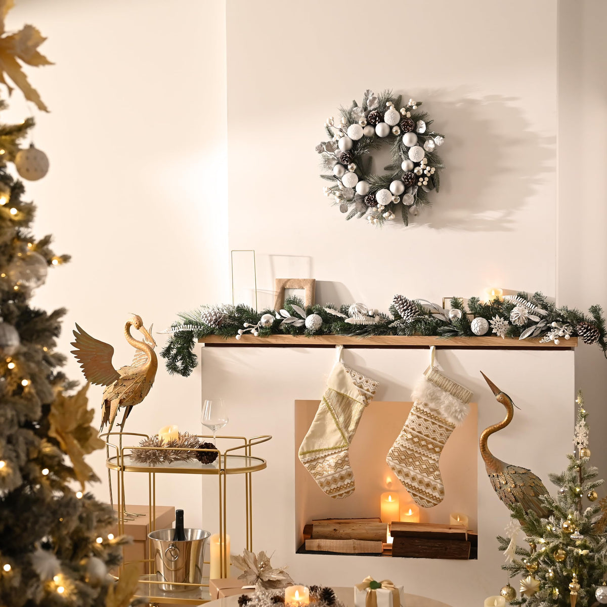 Valery Madelyn 9 Feet Pre-Lit Christmas Garland with Lights for Mantle, Lighted Outdoor Xmas Garland with Silvery White Ball Pinecones for Home Stairs Fireplace Table Centerpiece Indoor Holiday Decor