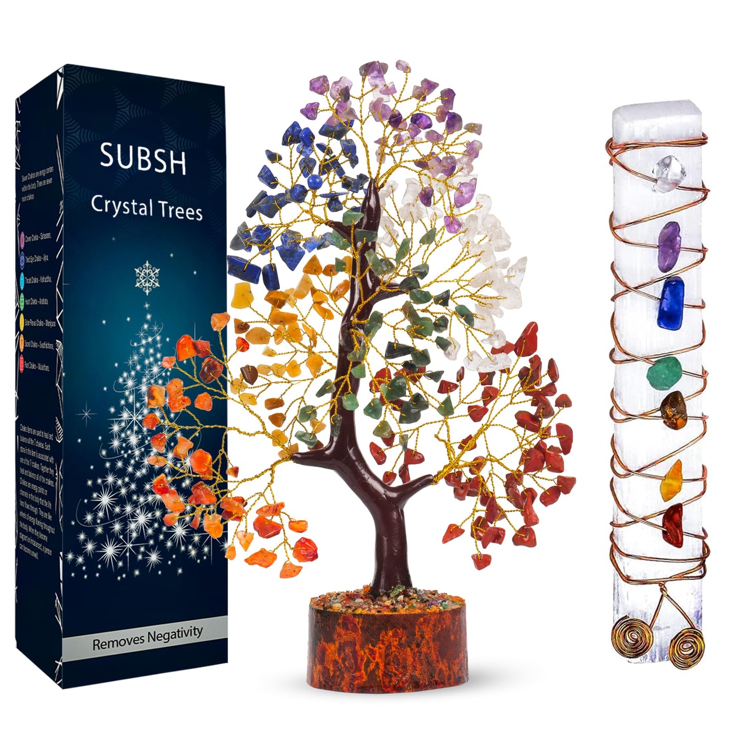 Crystal Tree of Life with Selenite Chakra Wand Stick, 7 Chakra Healing Crystal Trees, Office Desk Decor, Room Decor, Bonsai Trees for Positive Energy, Money, Good Luck Birthday Gifts for Women 10-12"