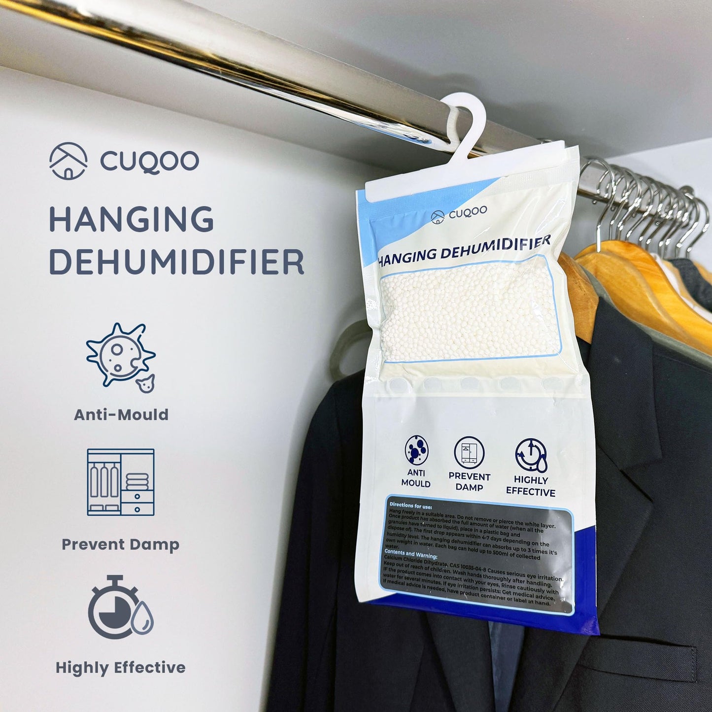 CUQOO Hanging Wardrobe Dehumidifier Bags – Disposable Moisture Absorber 12-Pack Sachets for Wardrobes; Hanging Dehumidifier Bag for Closet, Windows & Home Condensation Absorbers