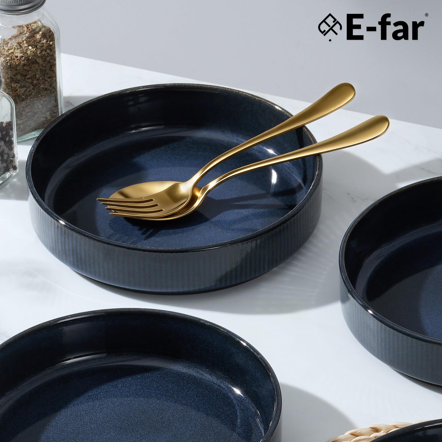 E-far Pasta Bowls Set of 4, 35oz Large Salad Bowl Plate for Dinner Serving, Wide & Shallow Ceramic Stoneware Pasta Plates, Microwave & Dishwasher Safe, Reactive Glaze Textured Stripes, Dark Blue