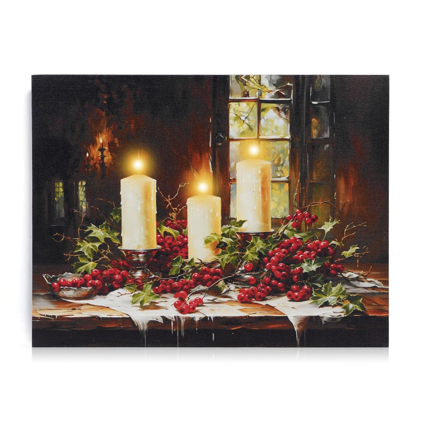 NIKKY HOME Christmas Wall Art, Led Christmas Canvas Prints, Candlesticks by the Window Pictures Wall Arts, Decor Light Up Winter Wall Art For Living Room Bedroom Xmas Party Gift 12" X 16"