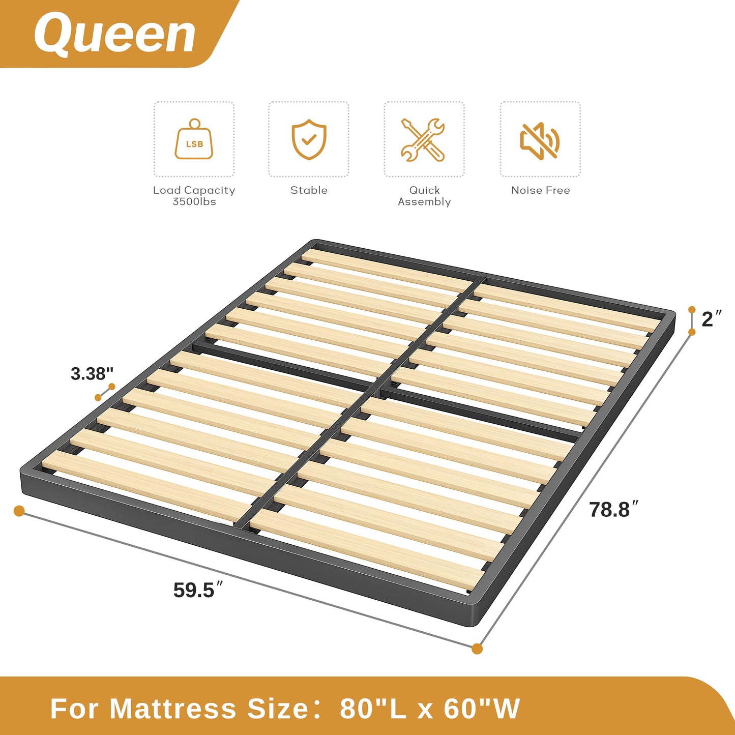 MAF 2 Inch Queen Box Spring with Round Corners, Low Profile Box Spring for Queen Bed, Bunkie Board with Wood Slats Bed Slat Replacement 3500 lbs Black Heavy Duty Mattress Foundation, Easy Assembly