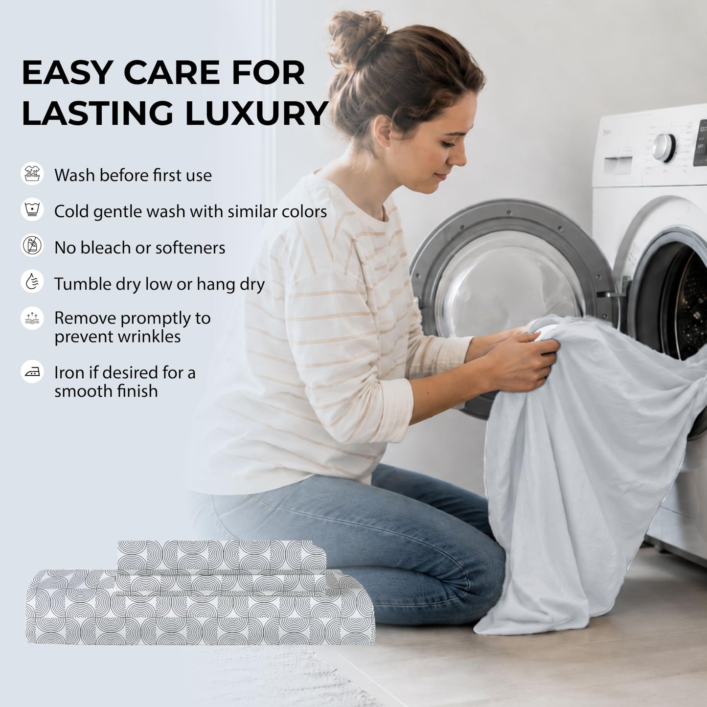 Mayil Manor Queen Size Fitted Sheet with 18" Deep Pockets, No Flat - Percale Weave Natural - Breathable 100% Cotton Printed Bedding, 1 Fitted Sheet + 2 Pillowcases - Semi Circle Print