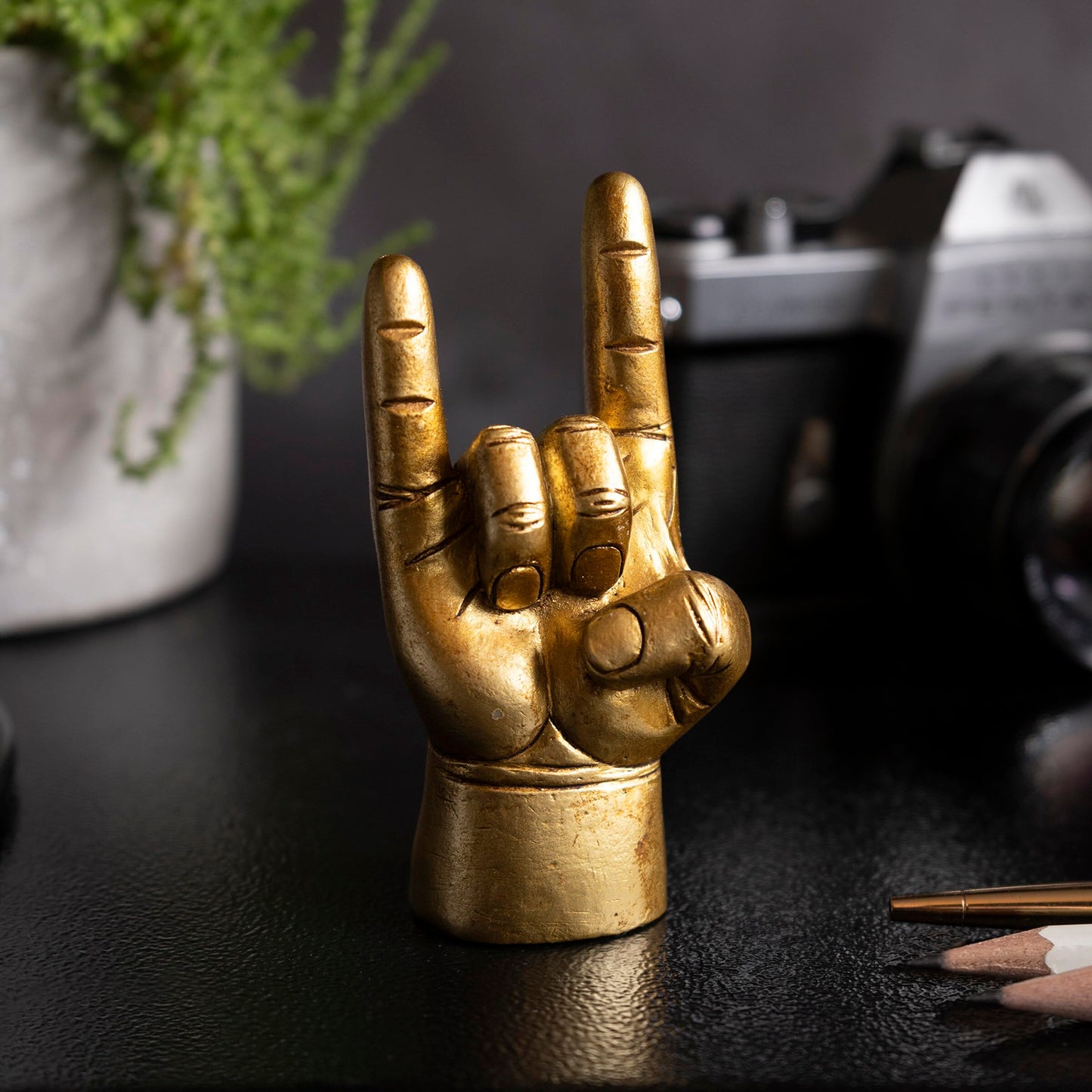 Luckies Hand Desk Decor - Mini Rock On Hands - Rock N Roll Mini Statue - Mens Ring Holder - Gold Hand Decor | Men Desk Accessories - Mens Gold Decor - Hands Office Accessories - Men Key Holder Statue