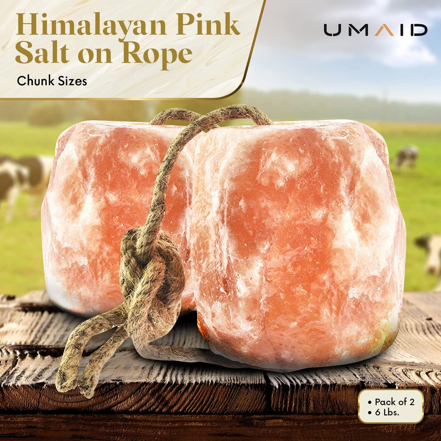 UMAID Himalayan Salt Lick 6 lbs on Rope for Horse, Deer, Goat & Livestock Animals, Salt Lick Deer, Salt Lick for Horses, Salt Block for Horses, Himalayan Salt Block 2 Pack