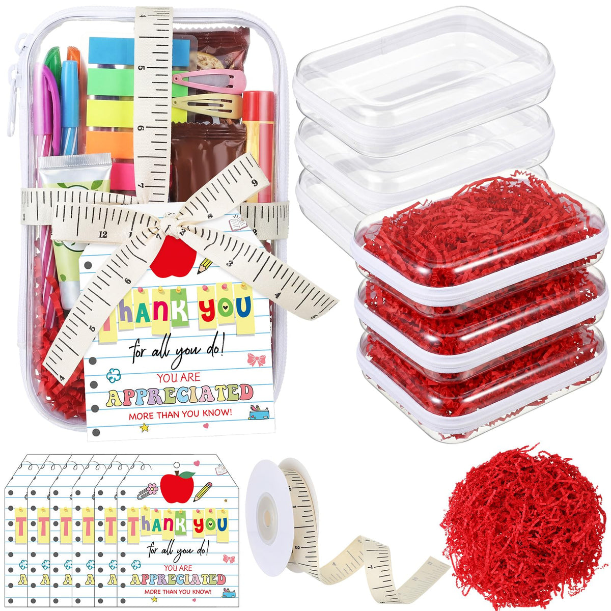 Pickmesh 6 Sets Teacher Appreciation Gifts Box Clear Hard Shell Zipper Case with Thank You Cards and Ruler Ribbon Paper Shred Filler for Gift Wrapping Teacher Appreciation Week Graduation Present