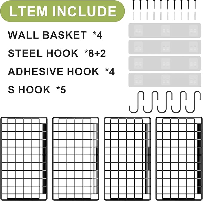 Wall Basket with Label Plate & 5 S-Hooks –4 Pack Hanging Wire Basket