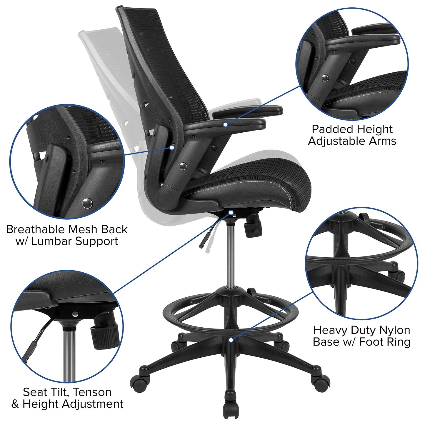 Flash Furniture Kale High-Back Ergonomic Mesh Office Chair with Flip-Up Arms and Adjustable Foot Ring, Spine-Back Tall Executive Swivel Chair, Black