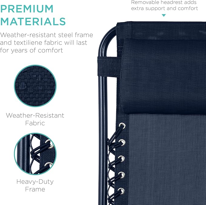 Best Choice Products Set of 2 Adjustable Steel Mesh Zero Gravity Lounge Chair Recliners w/Pillows and Cup Holder Trays - Navy