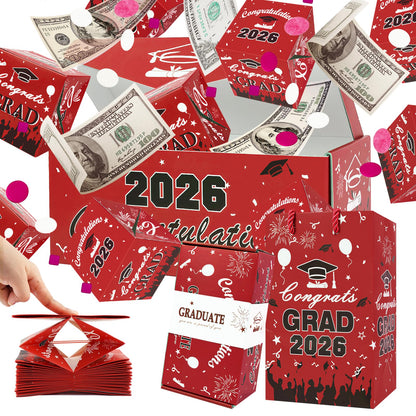 Surprise Gift Box Explosion for Money, Unique Folding Bouncing Red Envelope Gift Box with Confetti, Cash Explosion Luxury for Birthday Anniversary Valentine Proposal (15 Bounces) (Graduation - Red)